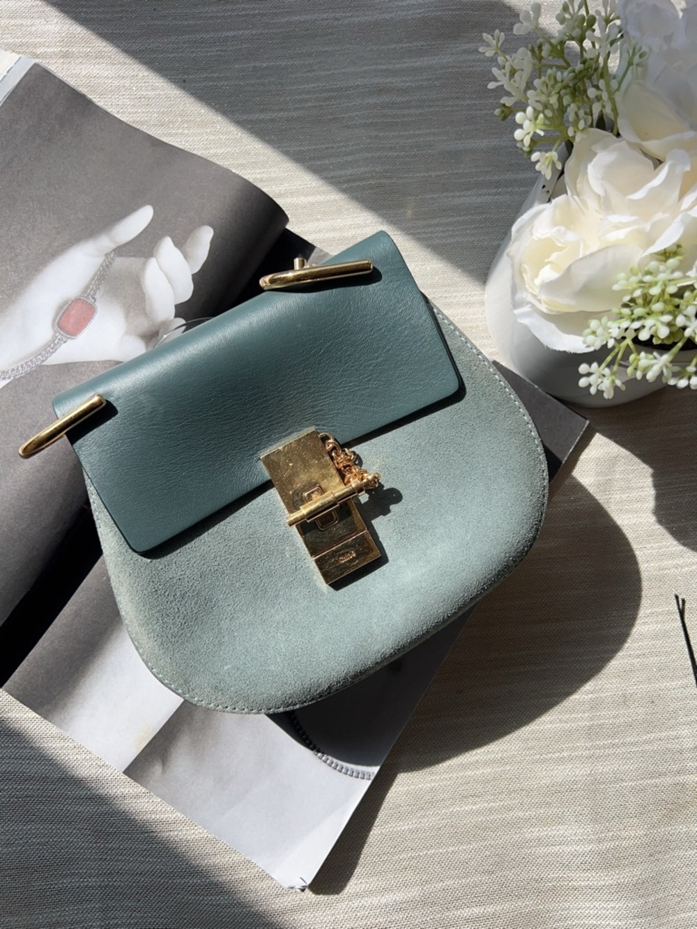 Chloe Suede Smooth Calfskin Mini Drew Shoulder Bag Cloudy Blue